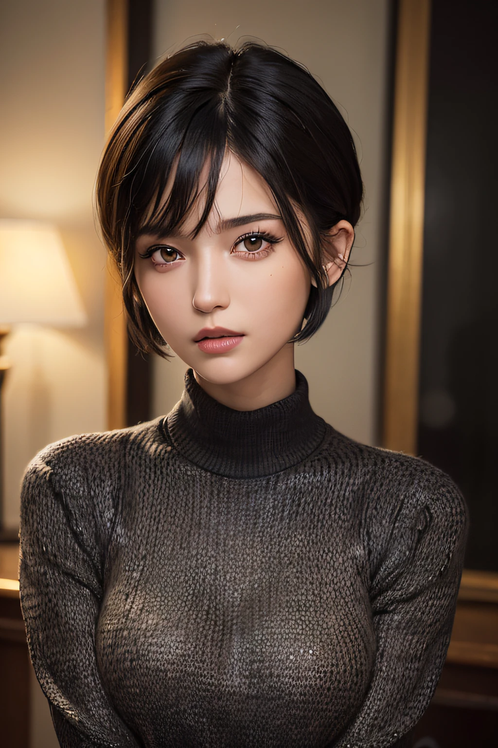 (masterpiece:1.3), (8k, photorealistic, RAW photo, best quality: 1.4), (1girl), beautiful face, (realistic face), (black hair, short hair:1.3), beautiful hairstyle, realistic eyes, beautiful detailed eyes, (realistic skin), beautiful skin, (sweater), absurdres, attractive, ultra high res, ultra realistic, highly detailed, golden ratio