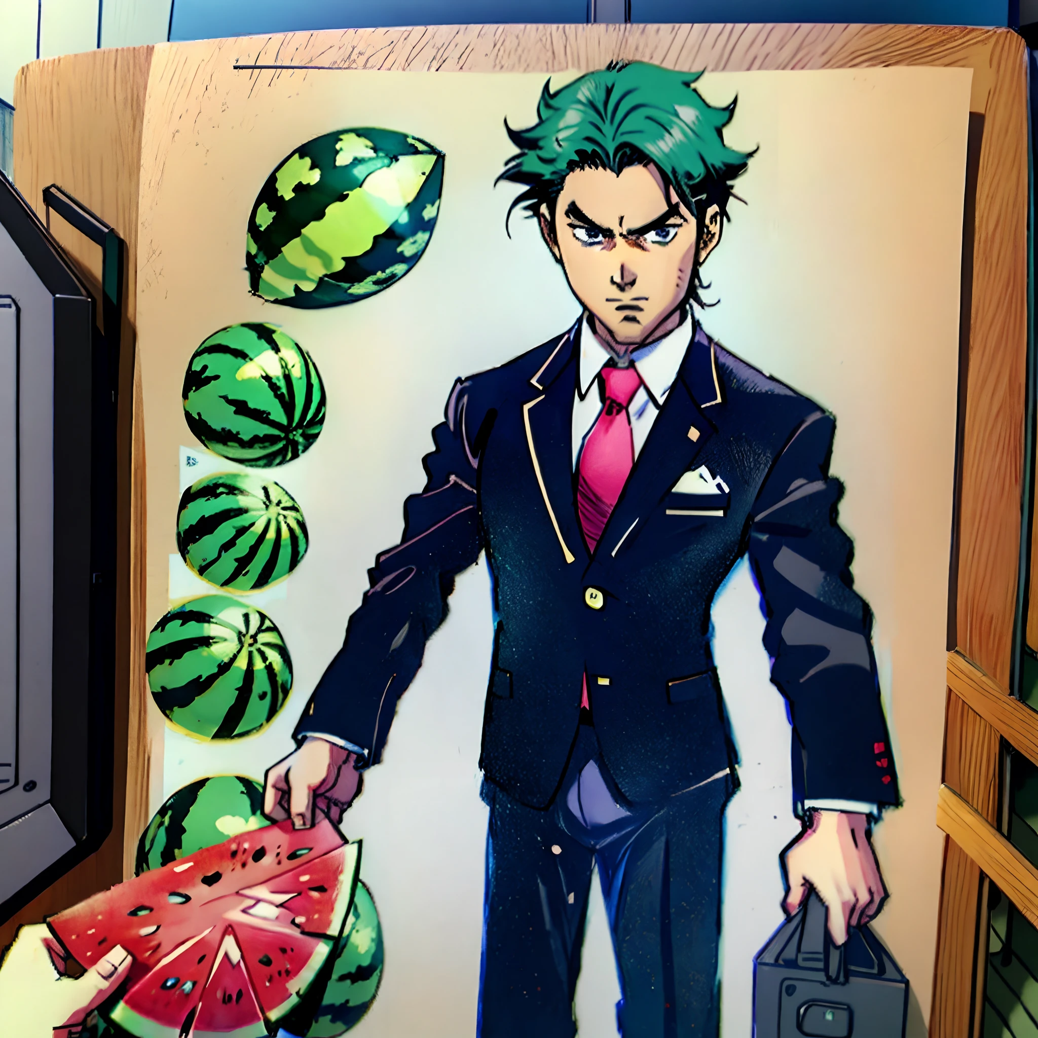 Watermelon Guy in Executive Suit Anime Drawing and Background on Gamer Setup