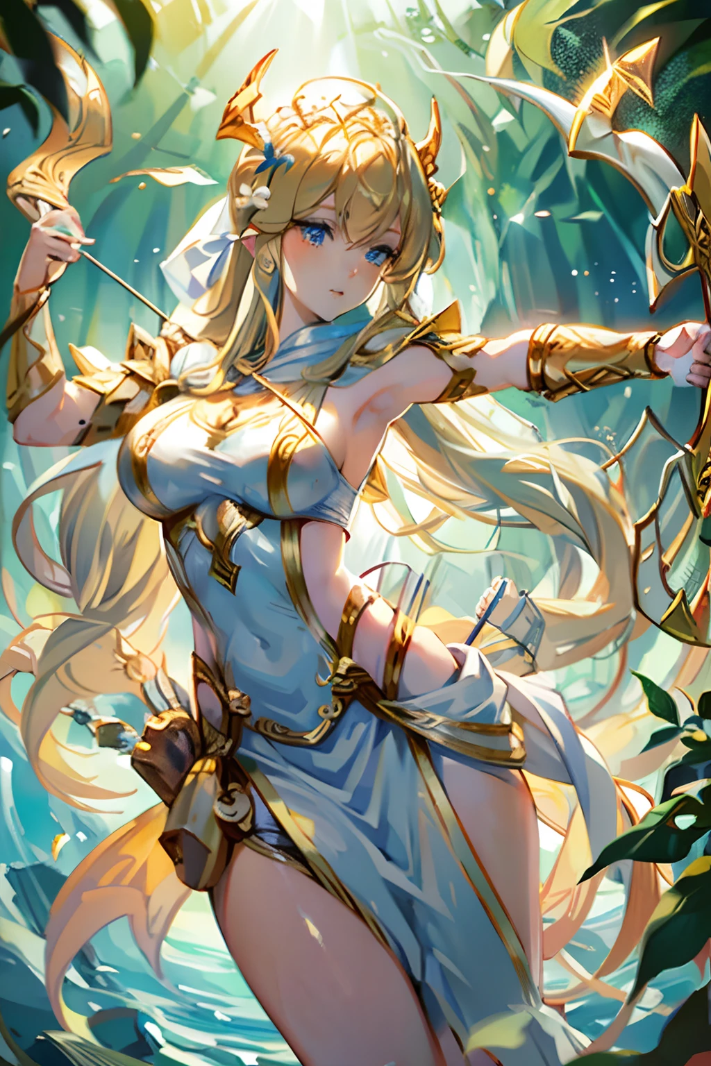 Beautiful blonde haired woman, long spiraling white Greek robe, bow and arrow, beautiful blue eyes, beauty, Goddess as a mortal, incarnation of archery, horse