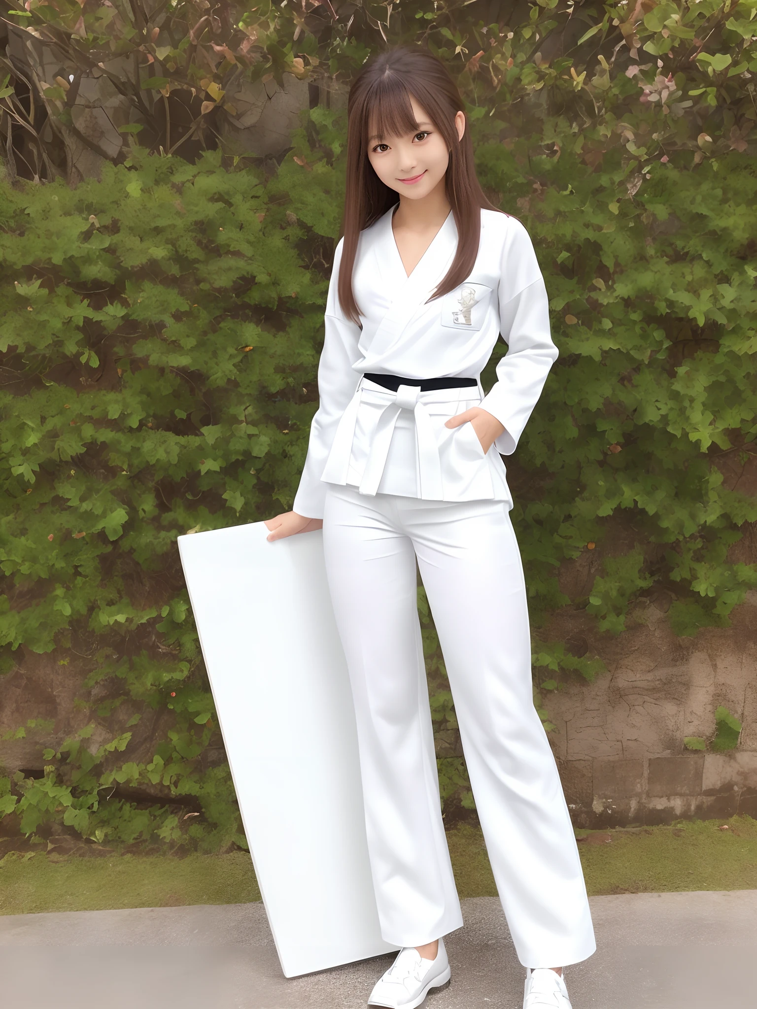 (Photorealsitic)(sixteen years old), Perfectly beautiful woman, (Full body 8K portrait), Large and dynamic hand and foot movements, White Karate Uniform, White karate pants, Large bust,Stand alone, Bring your fist forward, Large and dynamic hand and foot movements, Correct skeleton, Perfect facial detail, (Smile: 1.15), attractive beautiful face, gazing at viewer, a small face, 二重まぶた, Beautiful detailed eyes, long eyeslashes, ligh brown hair, poneyTail, Toned waist, Beautiful thin legs, toned ankles, bare-legged ,TOKYOcty