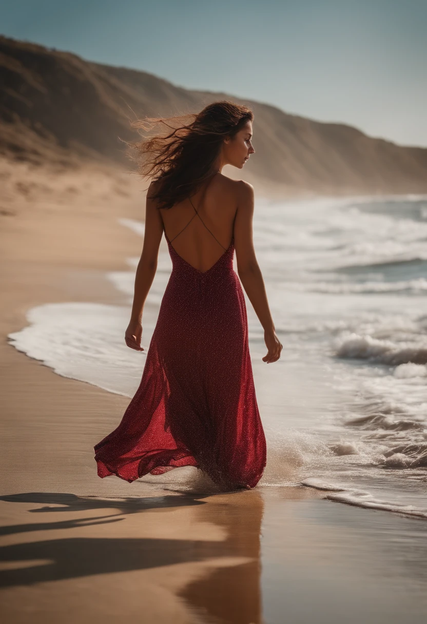 Belle rousse, curly hair, complet - corps, Nu, nu, Nu, Marcher sur la plage , bikini, de face