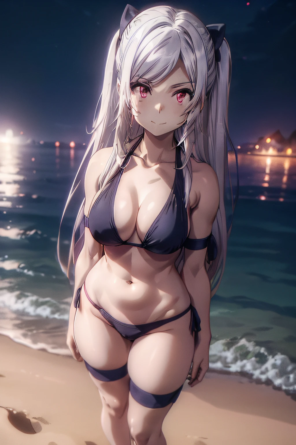 Alexia Midgar, silver hair, red eyes, medium breasts, sly look, smiling, 4k resolution, masterpiece, cinematic, sharp focus, ray tracing, intricate details, perfect anatomy, ((very short black bikini, wearing thong legs thick and muscular, muscular belly, thin waist, looking at me, on the beach at night with the moon in the sky, focus on the legs shown to me, barefoot, standing