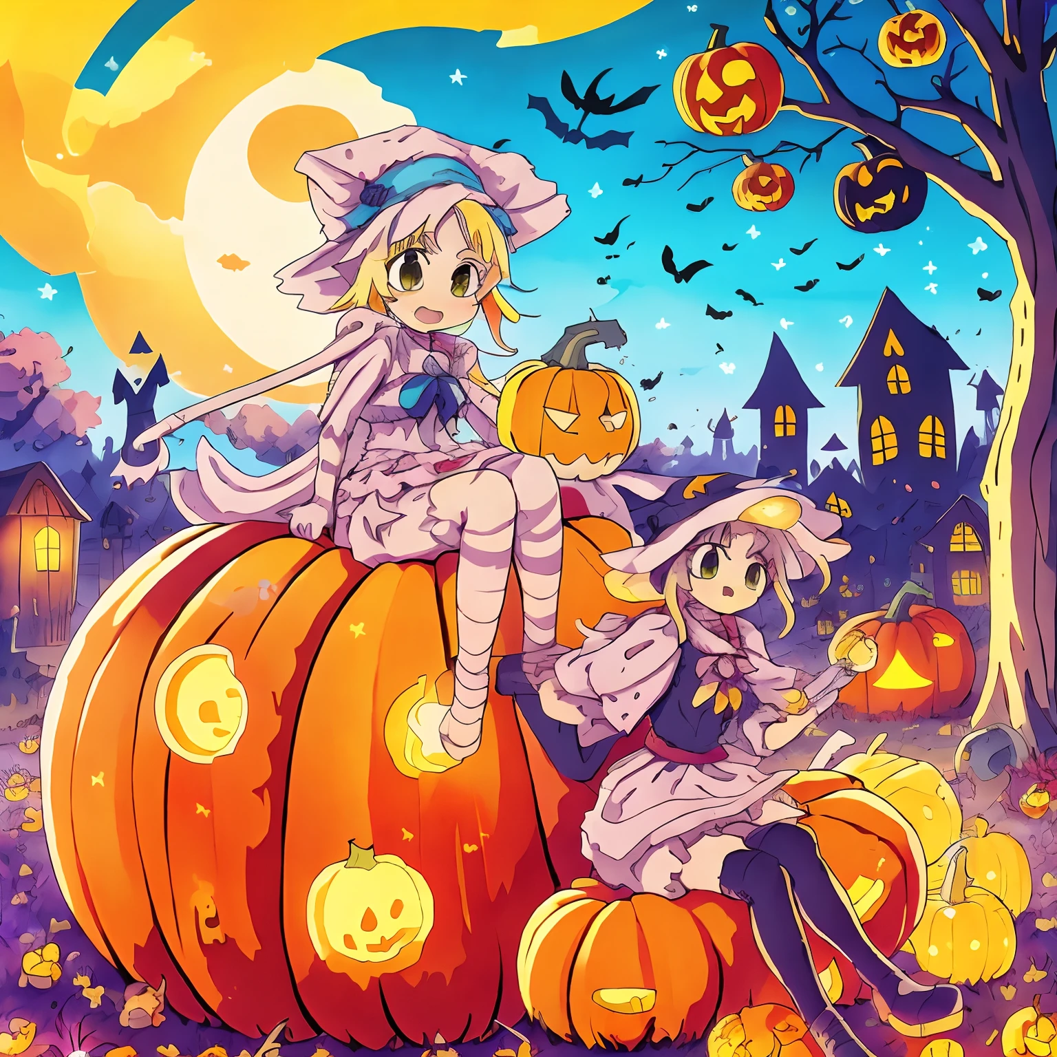 cute anime witch on halloween, sitting on a giant pumpkin, graveyard background, in the style of anime, 4k, bright colors, detailed, one girl