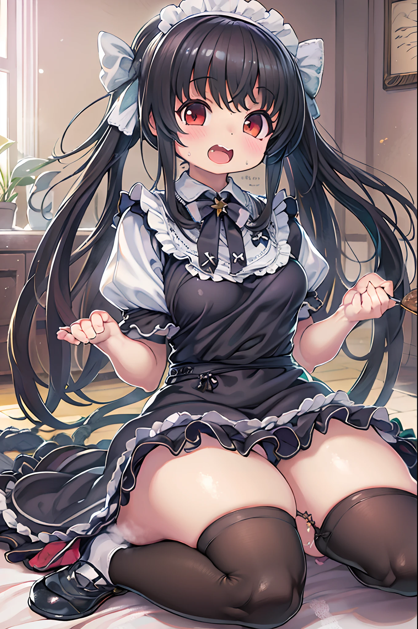 Black longhair loli, wearing a maid outfit, Kneeling, Legs and five fingers, More meat, Cute 2D, backgroundbacklitHD