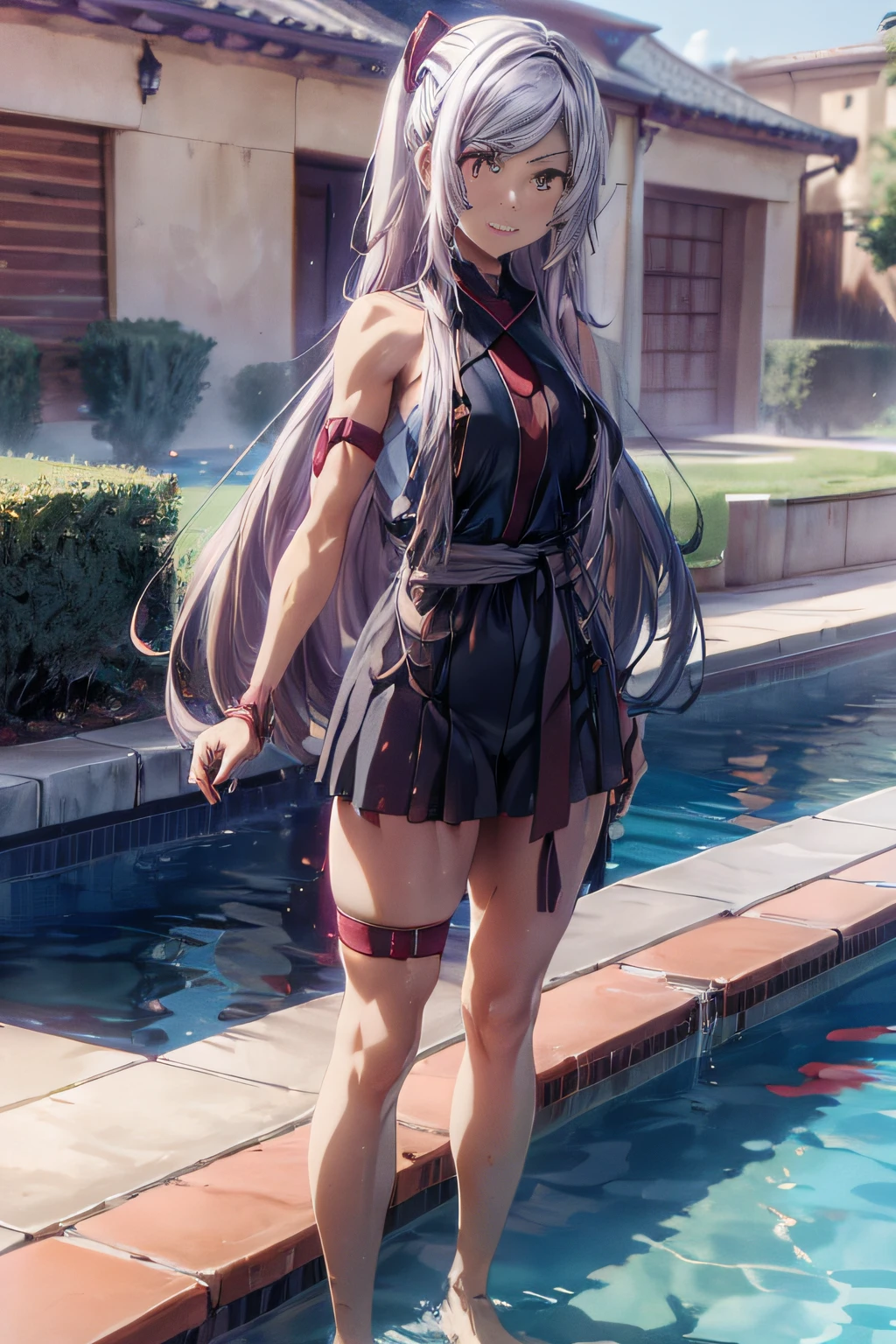 (((Alexia Midgar))), silver hair, red eyes, sly look, smiling, 4k resolution, masterpiece, cinematic, sharp focus, ray tracing, intricate details, perfect anatomy, in the pool, ((beautiful legs and muscular)), muscular belly, (((full body photo))), barefoot, with hands on waist