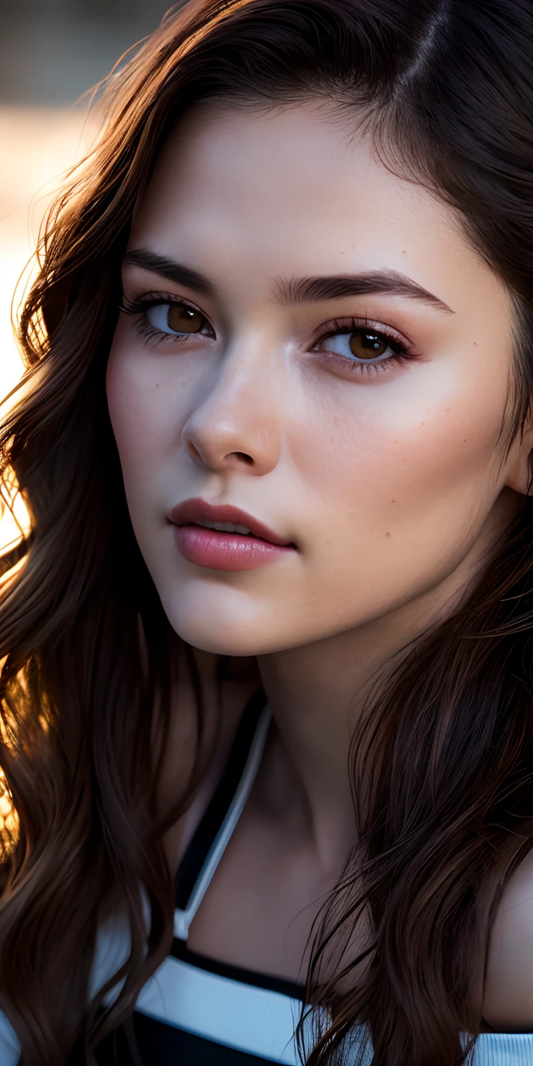 Full face portrait photo of 25 year old European girl, RAW, beautiful woman, semi-open strawberry lip, dimples, wistful expression, (brown hair with extra long wavy), ((detailed face)), ((detailed facial features)), (fine detailed skin), pale skin, cyberpunk megacity environment, (cool color), moist, damp, reflection, (masterpieceShot with Canon EOS R5 (detail) (Realistic photos) (Detailed details) 50mm lens, f/2.8, HDR, (8k) (wallpaper) (cinematic lighting) (dramatic lighting) (sharp focus) (complex), RAW photography, RAW photography, gigachad photography, camera pose, black jeans, back arm, 8k uhd, dslr, high quality, Grain Film, Fujifilm XT3, Film Stock Photo 4 Kodak Portra 400 Camera F1.6 Lens Rich colors Ultra-realistic textures Dramatic lighting Unreal Engine Art Station Trends Cinestill 800 Tungsten, Toughboy Style, Ultra Focus Face, Intimidating, Fighting Position, Short Messy Hair, Muscles, Bursting Veins, Beads, (( off-shoulder crop top)),