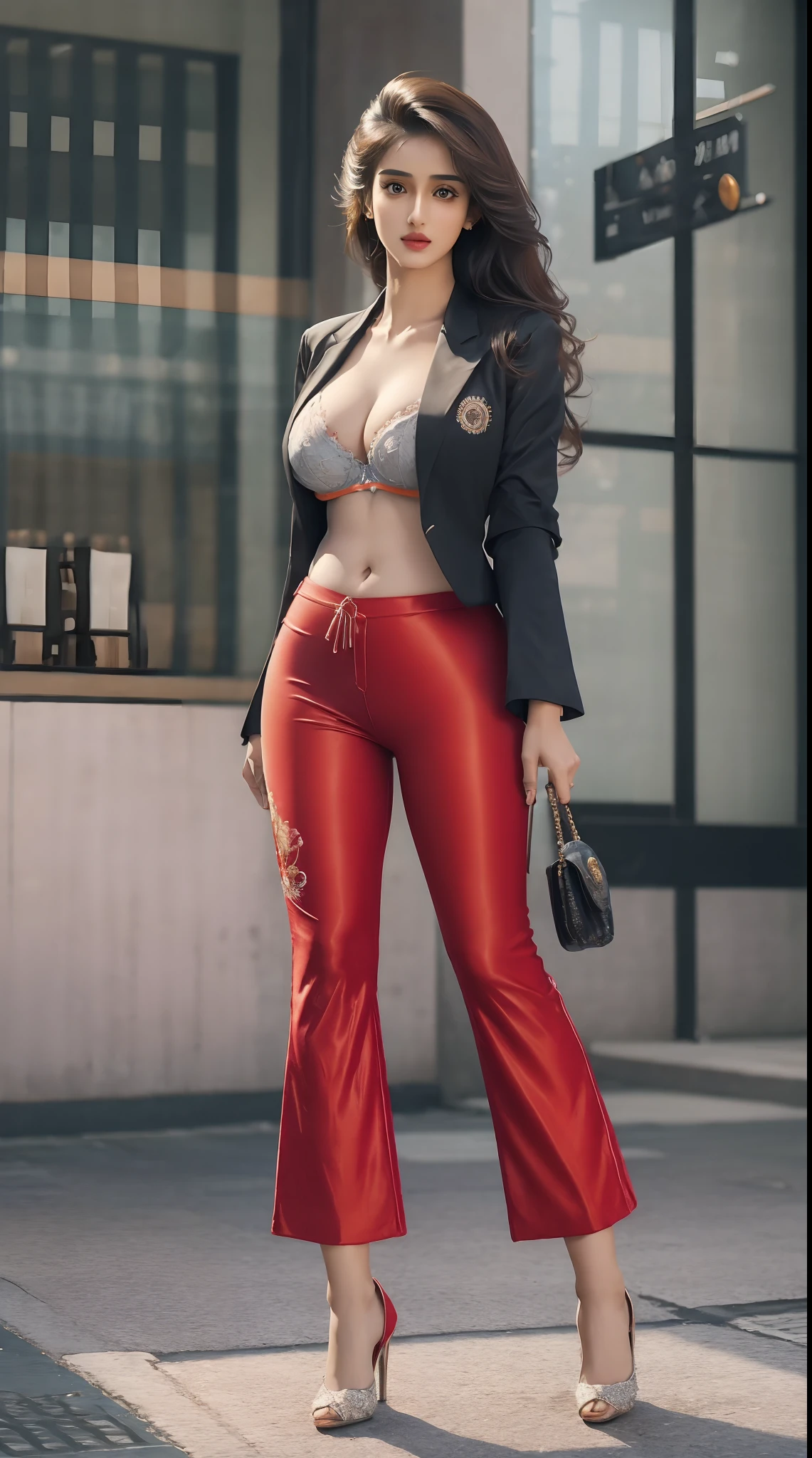 (full body shot:1.5), (Masterpiece:1.37), (Indian babe:1.5), (straight view, straight figure, wide angle pose, standing position:0.5), (inspired by disha patani), 1girl, solo girl, 18 year old girl, ultra realistic face, hyperrealistic, hyperdetailed, (looking at viewers:0.5), sharpen, detailed face, detailed eyes, detailed lips, red lips, beautiful face, 16k, FHD, UHD, raw photo, cute face mesh, pretty face mesh, girl in luxury office, beautiful hair style, tied hair, ((fancy open blazer, embroidery blazer, fancy net bra), (fancy pants, very tight and fitting red pants, strichable pants)), intricate, extremely detailed, (ball shape boobs, perky boobs, tight boobs, muscular perky boobs, close cleavage), (curvy hips), scattering surface, ultra realistic texture, smooth skin, realistic face, glow lip, glow face, very_high_resolution, perfect figure, beautiful curved body, fit body, (fancy high heel), fancy club hair ornament, ((very fit body, perfect body)), (abs, muscular body), (Beautiful goggles).