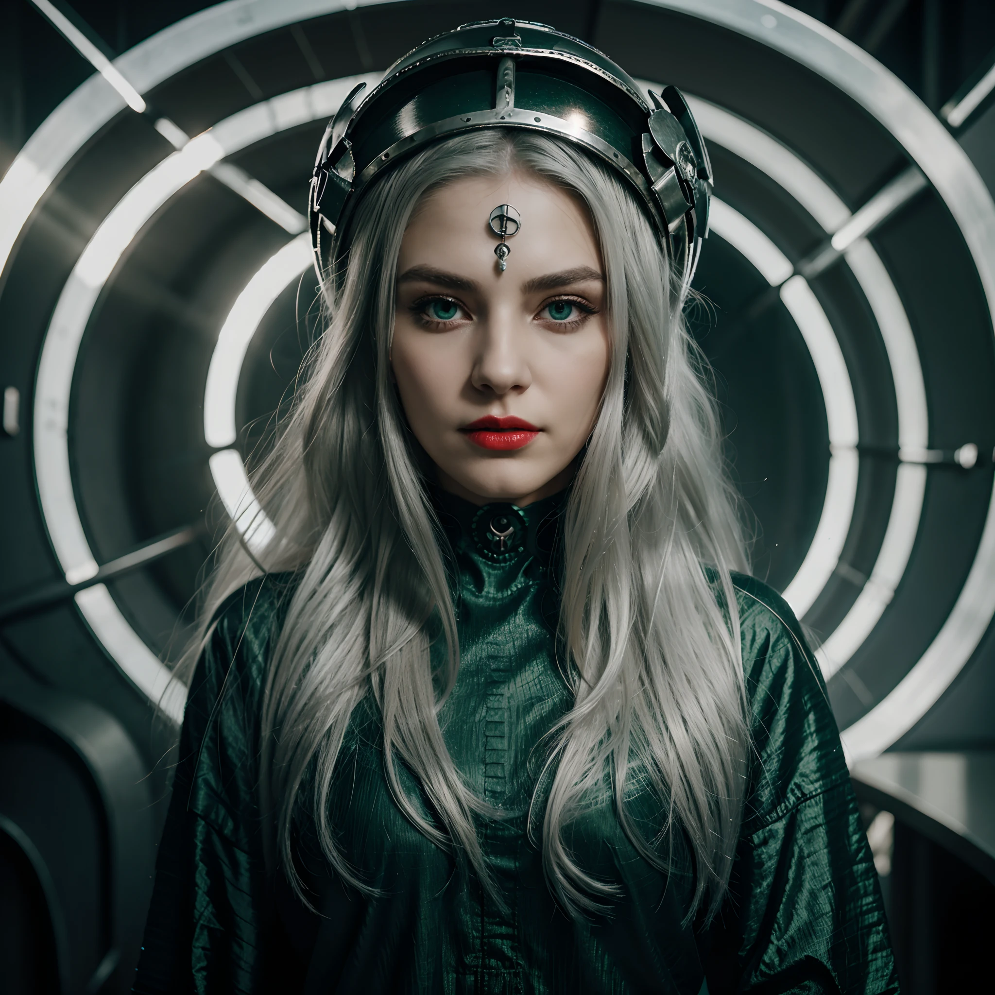 Create a woman wearing skull helmet.silver hair, long hair,green eyes, red lips,photo r3al,perfecteyes,Circle,1girl, roujinzhi,magical circle