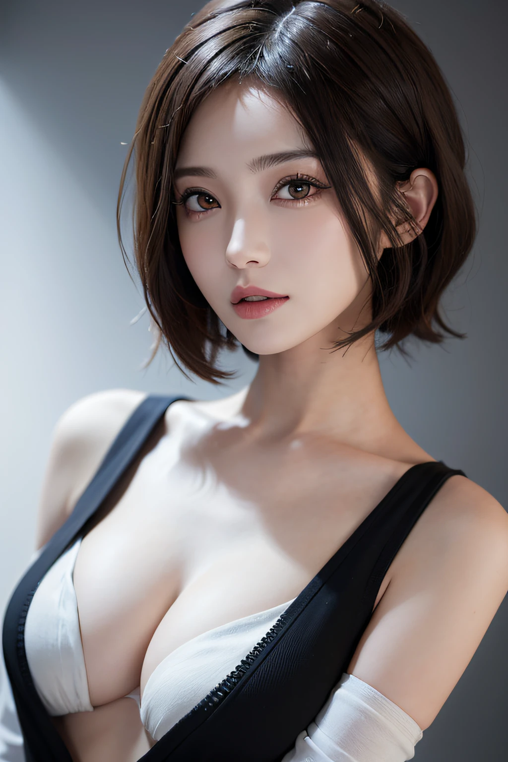 (masuter piece:1.3)、(8k、Photorealsitic、RAW Photography、top-quality: 1.4)、(1girl)、beautiful countenance、(lifelike face)、(A dark-haired、short-hair:1.3)、Beautiful hairstyle、realisticeyes、Beautiful details、(real looking skin)、Beautiful skins、(Sweaters)、off shoulders、absurderes、enticing、超A high resolution、A hyper-realistic、high-detail、the golden ratio