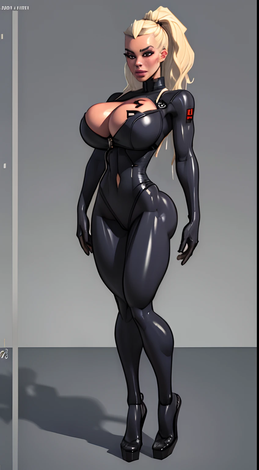 Modern simulation,cyberpunk-style environment wide angle shooting,Nighttime chaotic arcade shots; A woman in street clothes;Sci-fi, 3D. Environmental arcade art.,cyber punk perssonage,Firearms, gigantic breasts, slender abs, detailed face, beautiful, ((puffy lips)), big eyes, bodysuit, thigh highs, straps, ((3d render)), shiny skin, latex, red intricacies, perfect body, masterpiece, HD, long hair, ponytail, long hair bangs, ((cleavage cutout)),