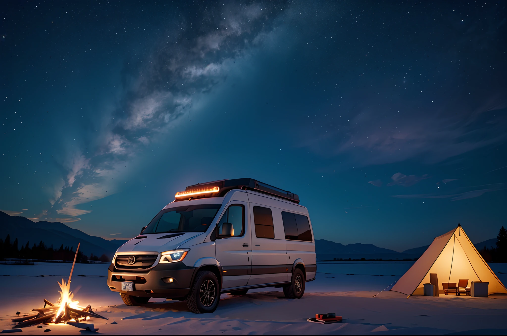 RV，An RV，Campervan,(1 girl:1.4), Solo,Tarp tent,bonfires,Volumetric lighting BREAK（tmasterpiece：1.2），（best qualtiy），ultra - detailed，（dynamic compositions：1.4），detail-rich，plethora of colors，（Irridescent color：1.2），（with light glowing，Atmospheric lighting），Extremely detailed beauty, ridiculous, unbelievable Ridiculous,A high resolution, illustratio,NFFSW, unified,8K picture wallpaper,hentail realism，photoreali，（realisticlying，photograph realistic：1.37），（natta），