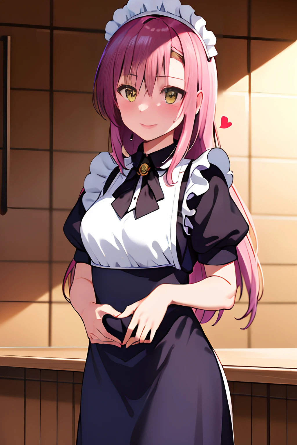 masterpiece, best quality, highres, gotou1, gotou hitori, solo, bangs, hair between eyes, short sleeves, maid, maid headdress, medium breasts, standing, restaurant, heart, heart hands, shaded face, sweatdrop, cowboy shot,