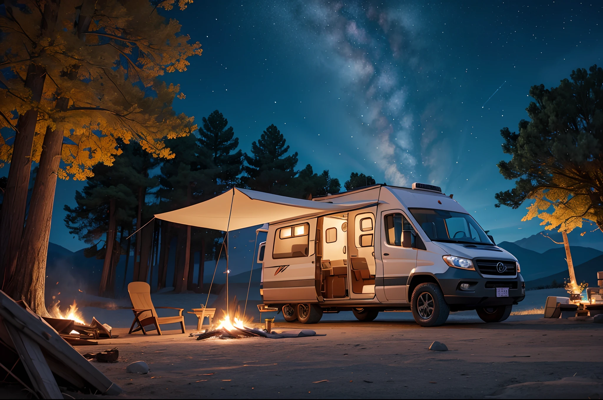 RV，An RV，Campervan,(1 girl:1.4), Solo,Tarp tent,bonfires,Volumetric lighting BREAK（tmasterpiece：1.2），（best qualtiy），ultra - detailed，（dynamic compositions：1.4），detail-rich，plethora of colors，（Irridescent color：1.2），（with light glowing，Atmospheric lighting），Extremely detailed beauty, ridiculous, unbelievable Ridiculous,A high resolution, illustratio,NFFSW, unified,8K picture wallpaper,hentail realism，photoreali，（realisticlying，photograph realistic：1.37），（natta），