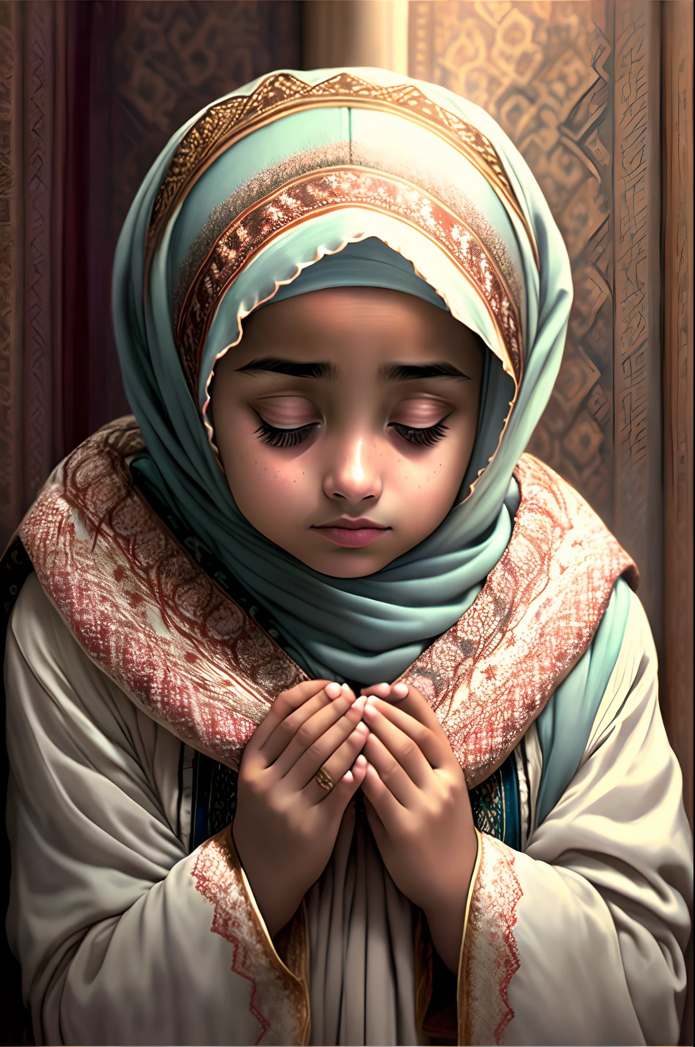 Realistic but beautiful young muslim girl praying