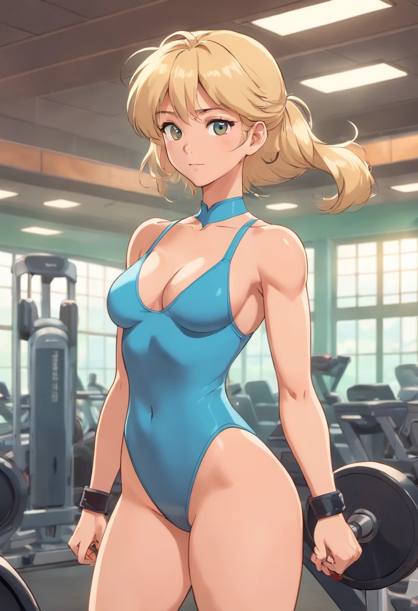 Adult woman, in gym, wearing thong leotard over spandex shorts, muscular, tall, aerobics instructor, 80s, blonde, busty, clevage