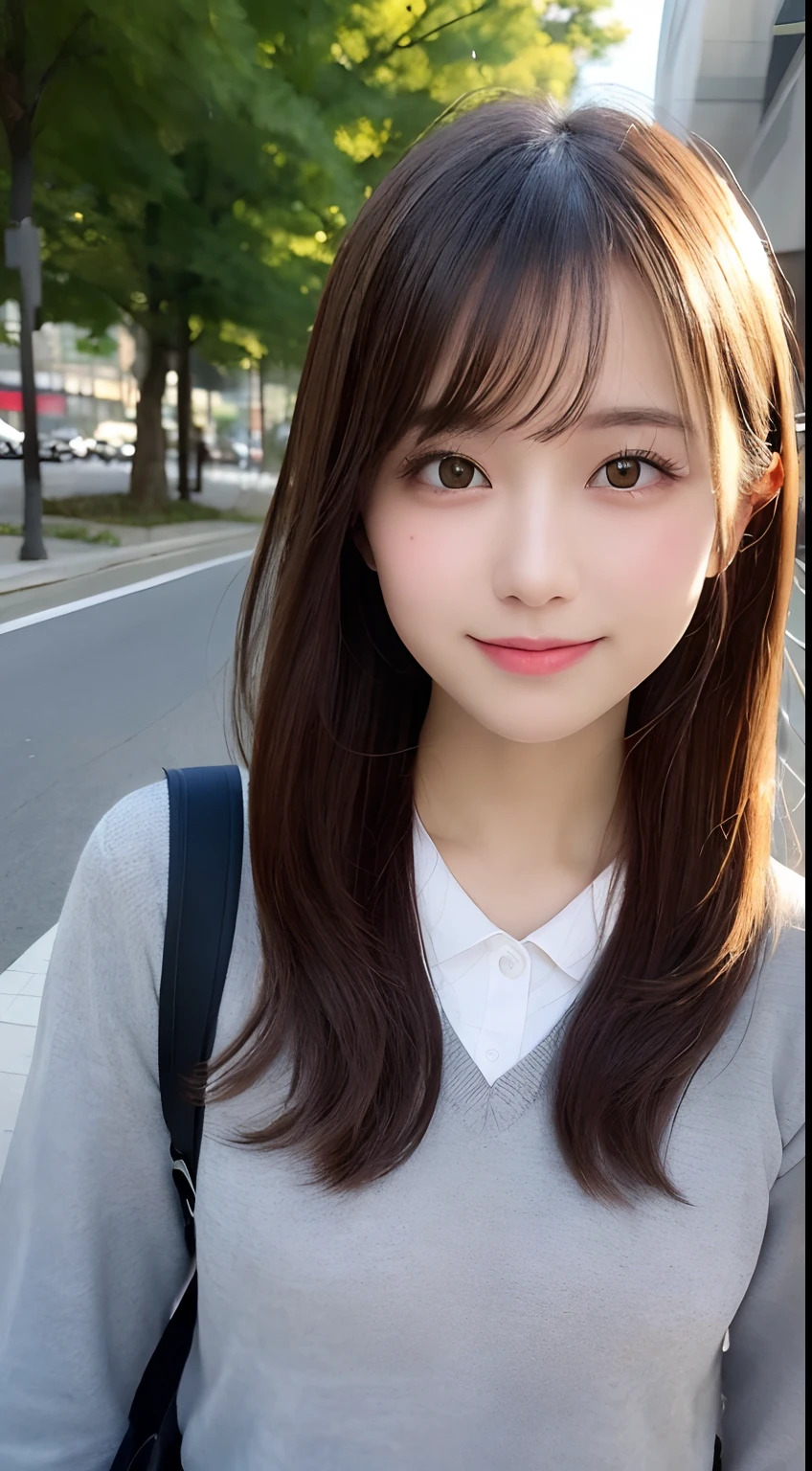 masutepiece, Best Quality, Illustration, Ultra-detailed, finely detail, hight resolution, 8K Wallpaper, Perfect dynamic composition, Beautiful detailed eyes, 校服,Medium Hair, Natural Color Lip, Random Poses,Smile,Aoyama Street Walk、20 years girl,front facing, medium shot