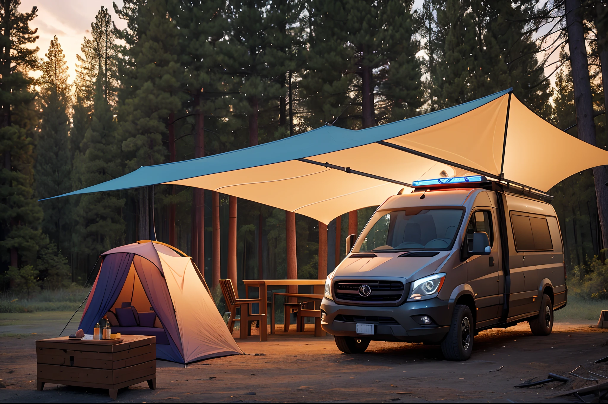 RV,An RV,Campervan,(1 girl:1.4), Solo,Tarp tent,bonfires,Volumetric lighting BREAK(tmasterpiece:1.2),(best qualtiy),ultra - detailed,(dynamic compositions:1.4),detail-rich,plethora of colors,(Irridescent color:1.2),(with light glowing,Atmospheric lighting),Extremely detailed beauty, ridiculous, unbelievable Ridiculous,A high resolution, illustratio,NFFSW, unified,8K picture wallpaper,hentail realism,photoreali,(realisticlying,photograph realistic:1.37),(natta),