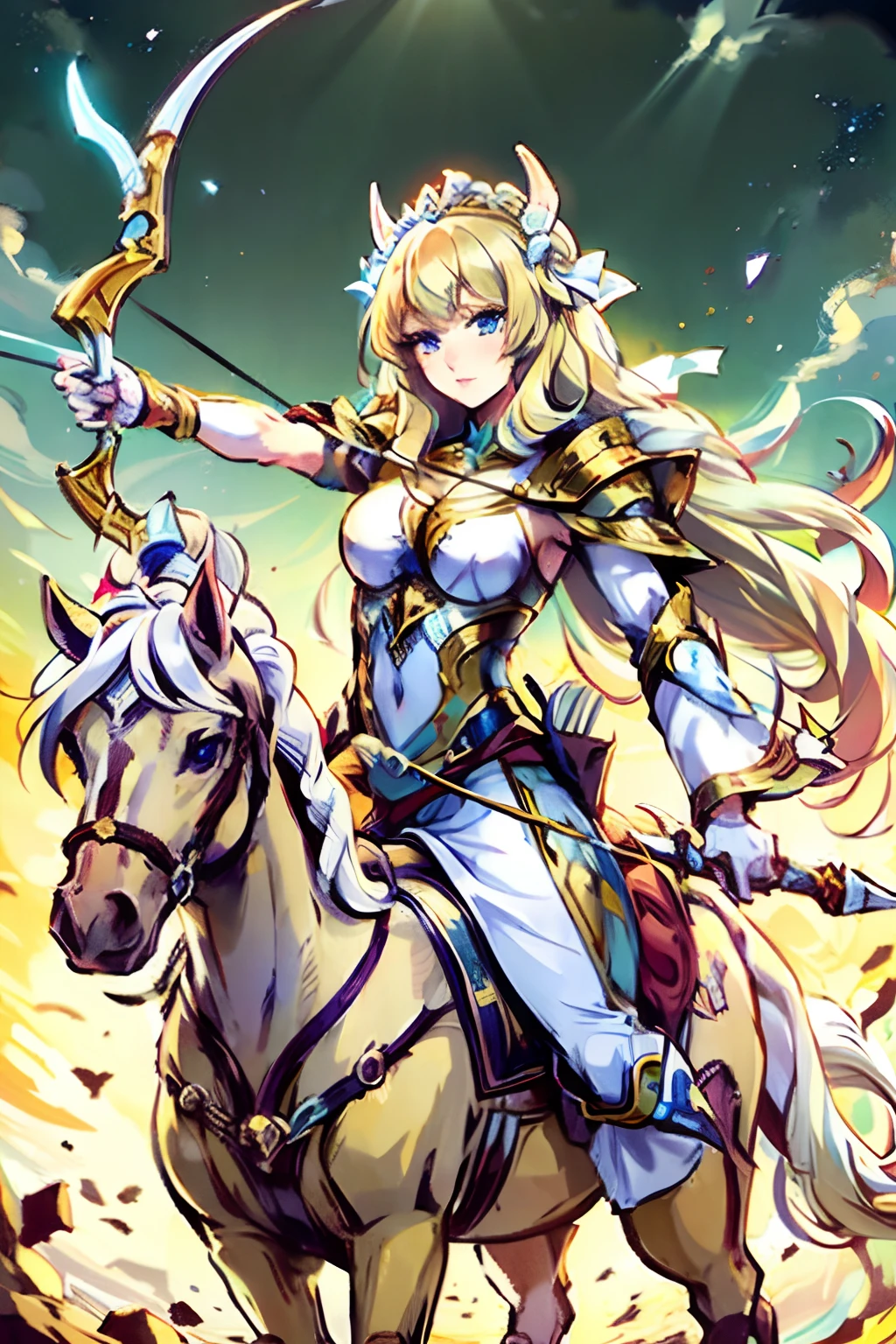 Beautiful blonde haired woman, long spiraling white Greek robe, bow and arrow, beautiful blue eyes, beauty, Goddess as a mortal, incarnation of archery, horse, standing next to a horse, simplistic style, petite