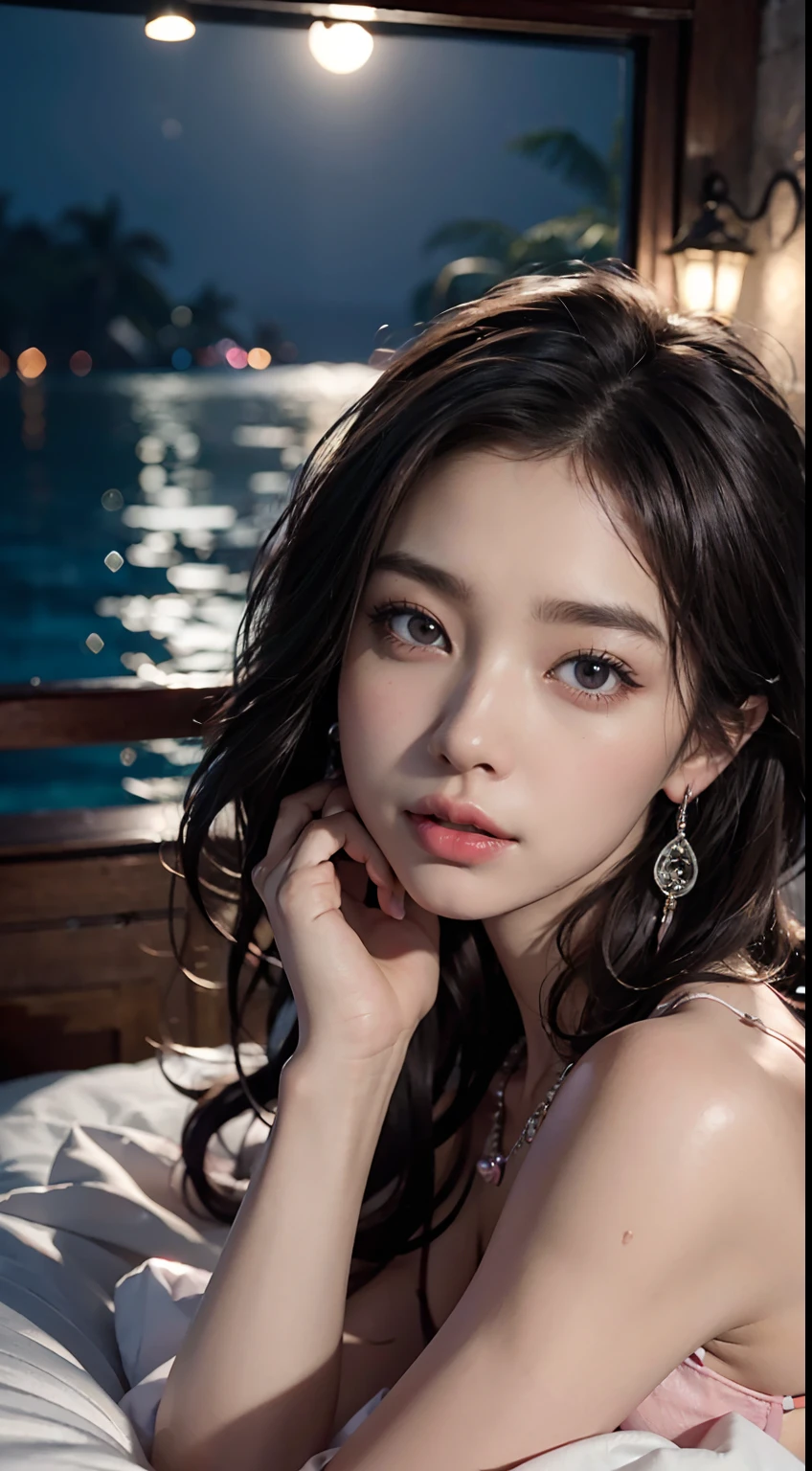 A perfect and ultimate idol that captivates everyone、Everyone falls in love with her、A very cute female idol at 20 years old、On the bed in the overwater cottage of the Maldives at night、Get down on one knee and lean on a large white cushion、Greedy look inviting a man、Beautiful Maldivian night sea from the glass wall next to the bed、Moonlight reflecting off the sea、Very erotic and seductive ((Pink lingerie))、Smile, Gorgeous earrings and necklaces、brown haired、dishevled hair、intricate hair、９Perfect figure of head and body、Perfect body line、 slim figure、small beautiful pointed breasts、Beautiful chest bumps、Emphasize cleavage、RAW shot、Photorealistic cinematic rendering、hyper realistic rendering、portrait shot、Night Rendering、Cohesive photos overall、realistic skin textures、hightquality、high detailing、top-quality、hight resolution、8K HDR、Ray traching、canon、opens legs、Erotic Poses、look up to