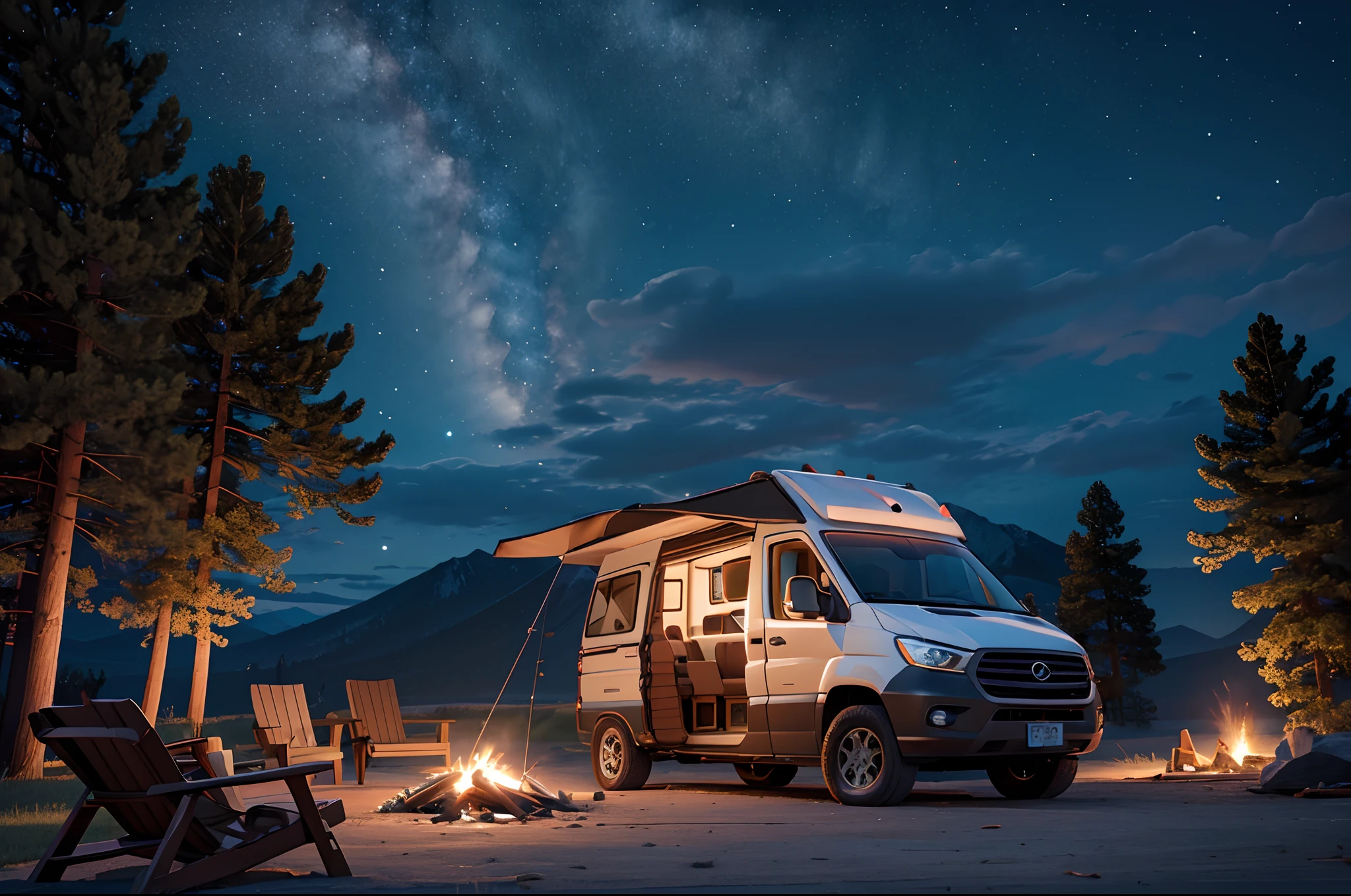 RV，An RV，Campervan,(1 girl:1.4), Solo,Tarp tent,bonfires,Volumetric lighting BREAK（tmasterpiece：1.2），（best qualtiy），ultra - detailed，（dynamic compositions：1.4），detail-rich，plethora of colors，（Irridescent color：1.2），（with light glowing，Atmospheric lighting），Extremely detailed beauty, ridiculous, unbelievable Ridiculous,A high resolution, illustratio,NFFSW, unified,8K picture wallpaper,hentail realism，photoreali，（realisticlying，photograph realistic：1.37），（natta），