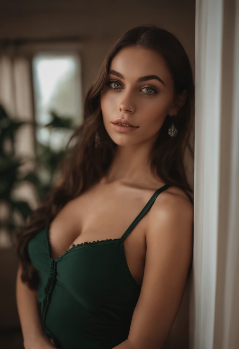 Alafed woman with big breasts, Sexy girl with green eyes, Portrait Sophie Mudd, brown hair and large eyes, selfie of a young woman, bedroom eyes, Violet Myers, without makeup, Natural makeup, Looking directly at the camera, face with artgram, subtle makeup, Stunning full-body shots, Pierced green eyes, beautiful angle, Cute Girl, fully body photo, Full body, full body photographed, brunette goddess, high detailing, Sexy Pose, Transparent bikini