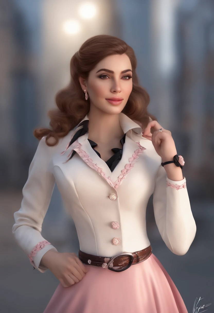 1girl,Disparo de vaquero, Hermosa Nora_Valquiria, Mirando al espectador, They are smiling, pelo corto, ojos azules,heart cutout, Guantes, chaqueta, falda rosa, Pink belt, manga corta, mangas hinchadas, brazalete simple, Guantes sin dedos, cabello naranja, Guantes rosas, dynamic pose, Noche, al aire libre, Ciudad, (volumetric illumination), La mejor calidad, Obra maestra, Detalles intrincados, mapeo de tonos, foco nítido, hiper detallado, tendencias en Artstation,