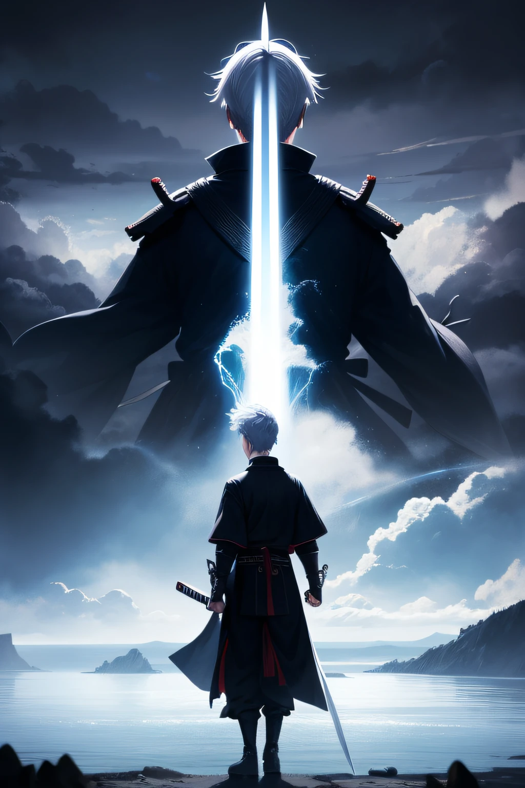 textless, wide shot, background ocean of clouds, samurai, dual sword, dark theme, the sword have an dark aura, white hair, black aura, boy, facing away from the camera
