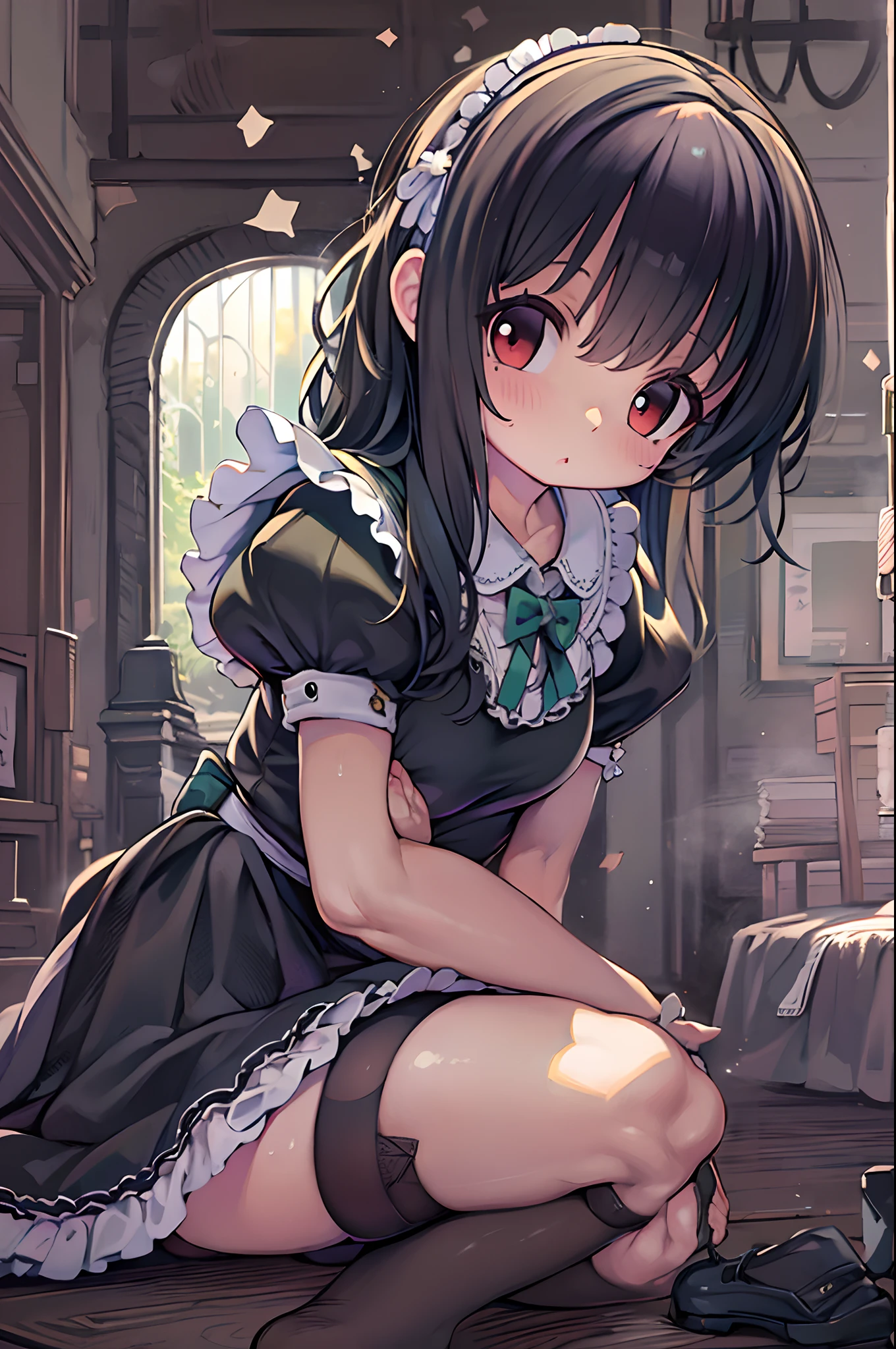 Black longhair , wearing a maid outfit, Kneeling, Cute 2D, backgroundbacklitHD 、Ultramammy、bbw