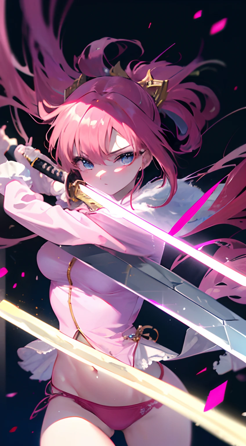 An ultra-detailed, high-resolution (4k, 8k) masterpiece:1.2 prompt featuring an anime girl in pink underwear, (wielding a sword:1.4). The image should showcase vivid colors, with sharp focus and studio lighting to enhance the realism.