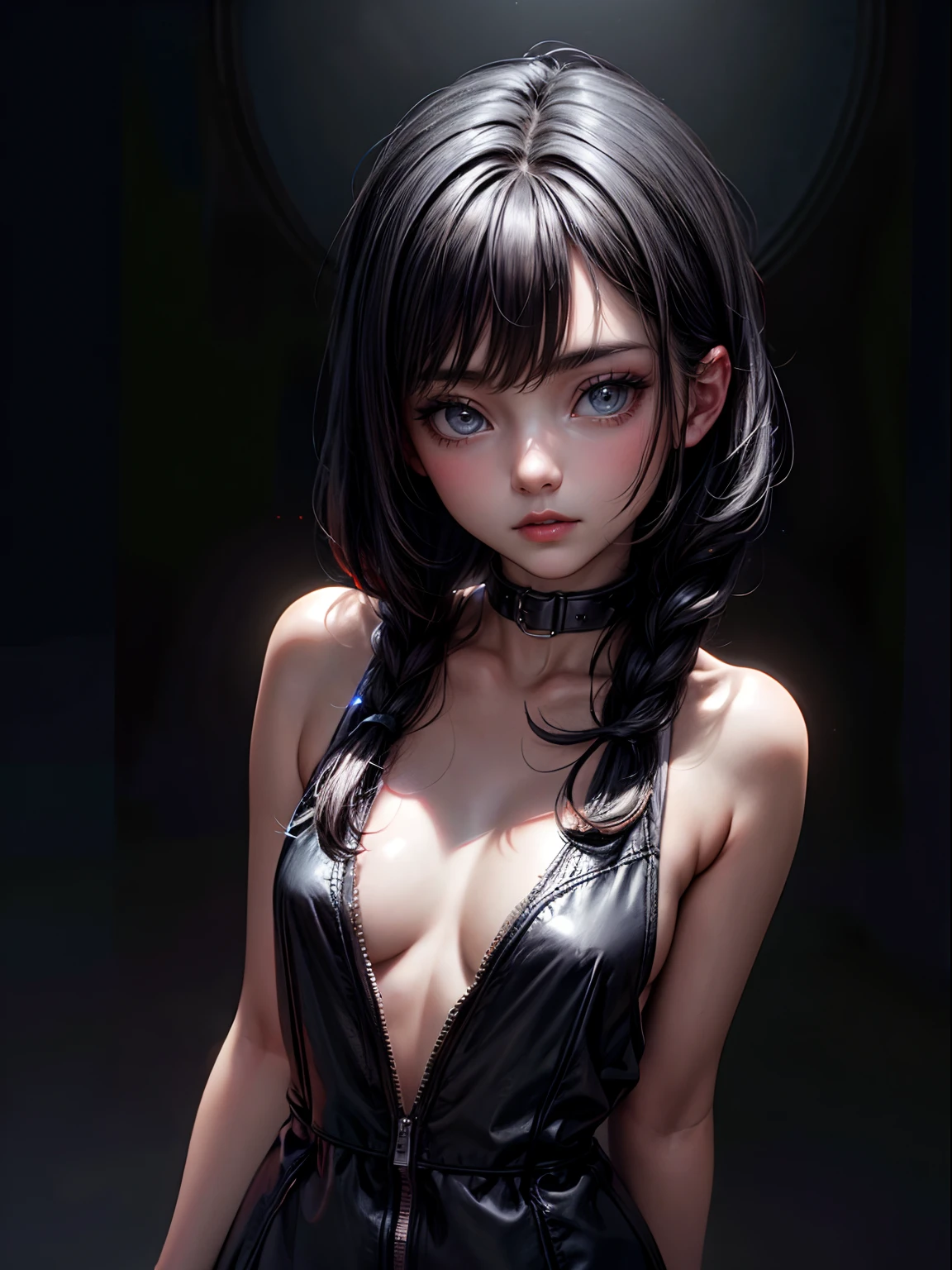 Polychrome, 1girl, night, dark, black hair, looking at viewer, upper body, facing viewer, limited palette, black background, glowing, style of Sebastien Hue