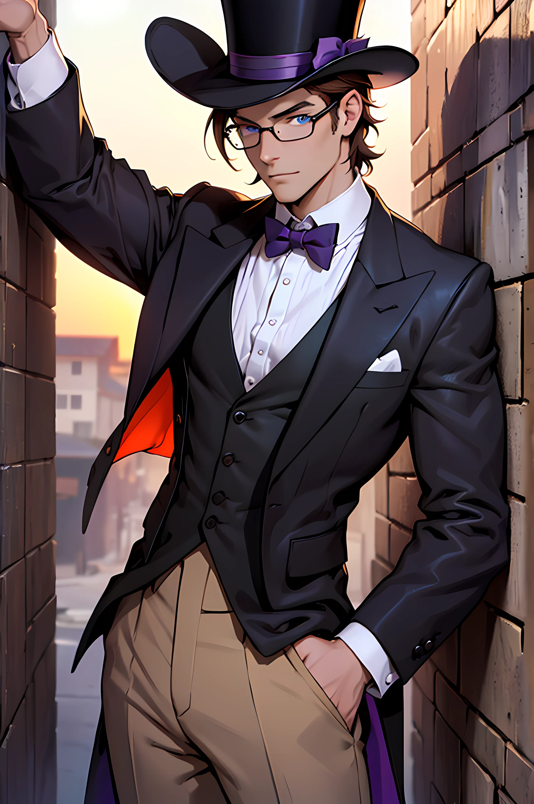 (best quality,highres,ultra-detailed) A man with brown hair wearing black clothes, glasses, and a top hat. He has short hair. lean against a wall. Wearing a purple shirt. Has blue Eyes. Hold with one hand his Top Hat. Sunset in the Background.