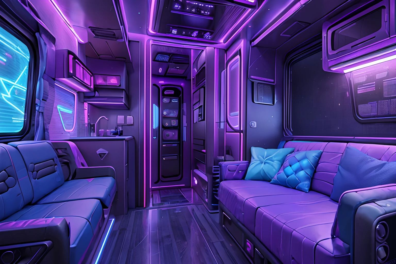 Cyberpunk style motorhome image, Blue and purple neon signage,Abstract graffiti on motorhome, In the jungle,Campervan,(1 girl:1.4), exteriors,Tarp tent,bonfires,(8K, awardwinning, Best quality, A high resolution, High details, Anatomically correct, Textured skin, 1 girl:1.3),(RV:1.3)Fly with high tech