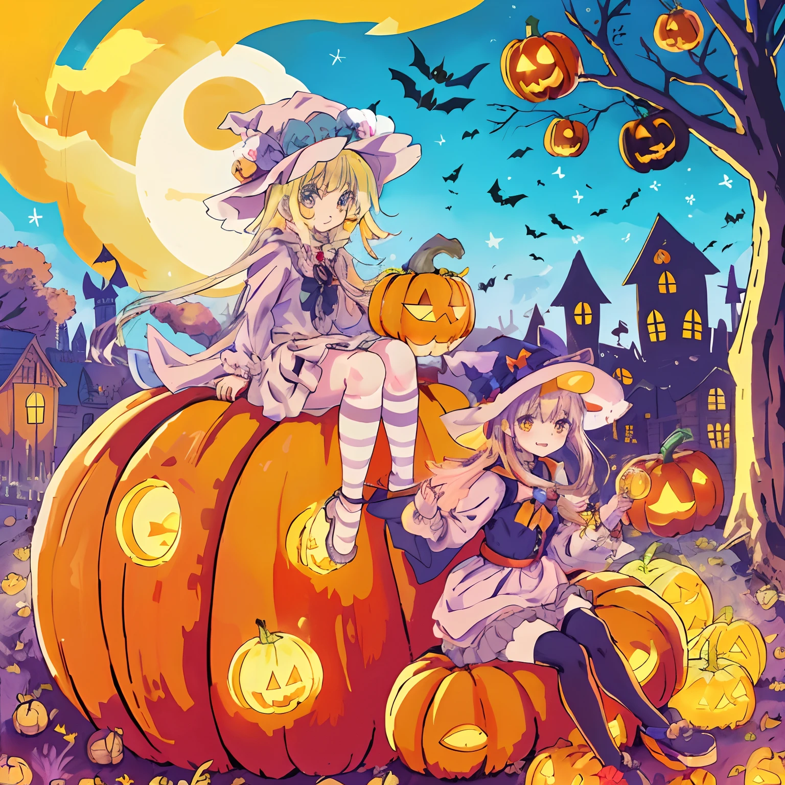 anime girl sitting on a pumpkin with a cat and a witch, halloween art style, trick or treat, halloween celebration, ❤🔥🍄🌪, halloween, , splash art anime lolilloween theme, 🍂 cute, halloween night, in a halloween style, witch fairytale, zerochan art, hq artwork, halloween atmosphere, zerochan, halloween scene