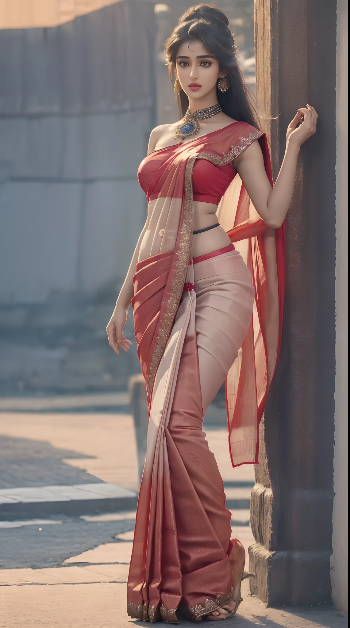 (full body shot:1.5), (Masterpiece:1.37), (Indian babe:1.5), (straight view, straight figure, wide angle pose, standing position:0.5), (inspired by disha patani), 1girl, solo girl, 18 year old girl, ultra realistic face, hyperrealistic, hyperdetailed, (looking at viewers:0.5), sharpen, detailed face, detailed eyes, detailed lips, red lips, beautiful face, 16k, FHD, UHD, raw photo, cute face mesh, pretty face mesh, girl in luxury office, beautiful hair style, tied hair, (fancy blouse, (beautiful Indian saree, fancy saree, ultra realistic saree, perfect saree, pleated saree, embroidery saree, perfect saree on perfect body), pleated pallu in saree), intricate, extremely detailed, (ball shape boobs, perky boobs, tight boobs, muscular perky boobs, close cleavage), (curvy hips), scattering surface, ultra realistic texture, smooth skin, realistic face, glow lip, glow face, very_high_resolution, perfect figure, beautiful curved body, fit body, (fancy high heel), fancy club hair ornament, (abs, muscular body, muscular shoulder, muscular neck), (beautiful goggles).