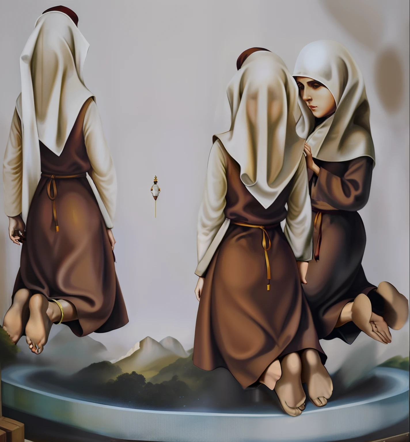 pintura de duas mulheres em vestidos marrons em uma parede, levitating twin nuns, two hovering twin nuns, biblical clothing, Directed by: Anna Füssli, cursed image, beautiful depiction, da vinci style, rostos de boneca em um vestido, cursed images, Hidden image of illusion painting, figuras encapuzadas, movimento do manto ondulante, sentado, Detalhe de alta qualidade, altamente perturbador, Detalhe surpreendente