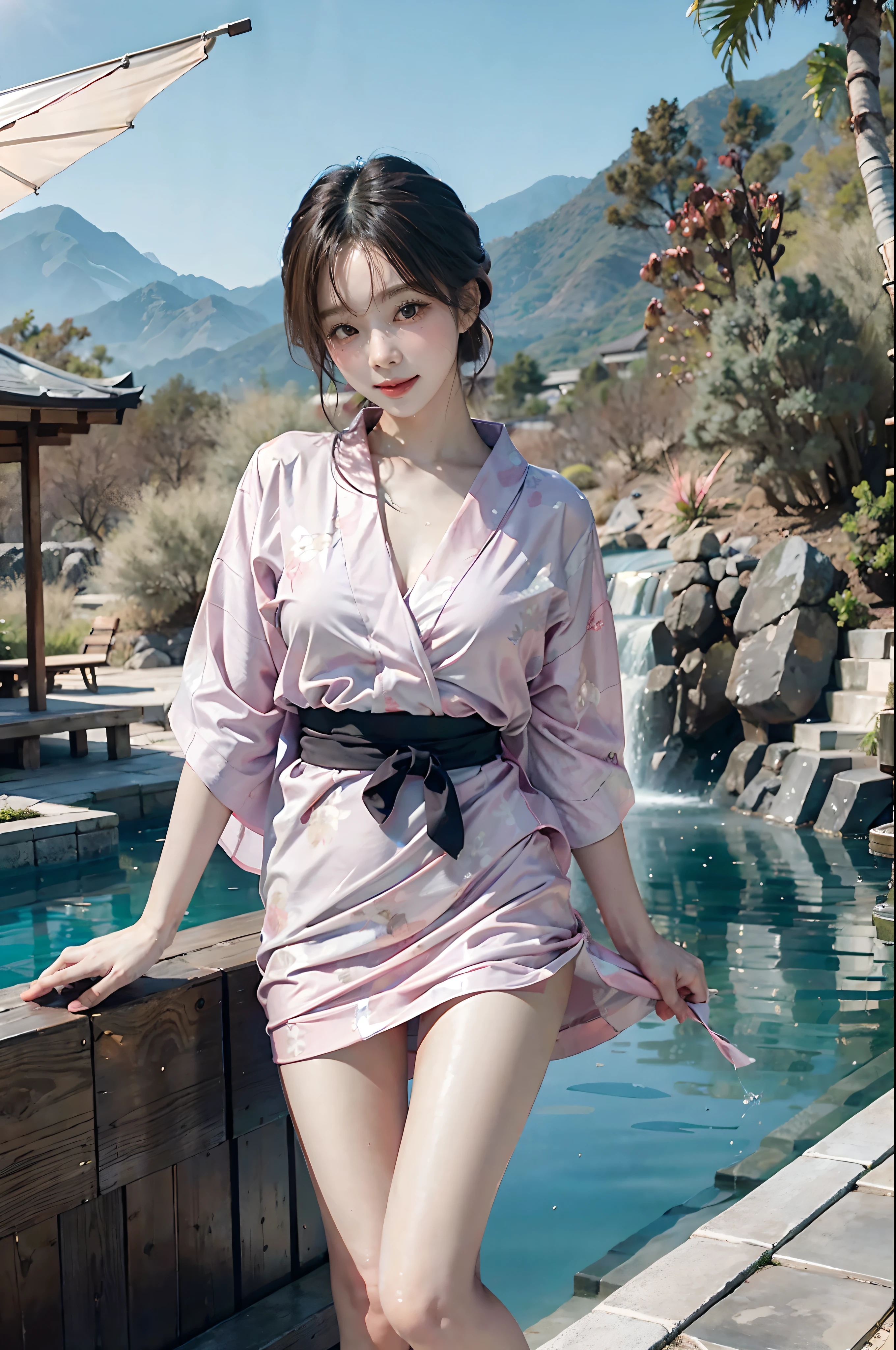 (Best Quality:1.2), (Masterpiece:1.2), (realisitic), (35mm analogue film), (wide  shot), (Solo), (sunlights), (Went), (Landscape), (Masterpiece:0.5) Hot spring background, (Pink thin yukata woman), No underwear, Body-revealing fabrics, Water-soaked yukata, Woman soaking in hot springs, Smile at the sky, (A very delicate masterpiece), (Soft Cam:0.9) Under soft light, (Ground Angle), (HD 8K), (Sharp focus:0.5)