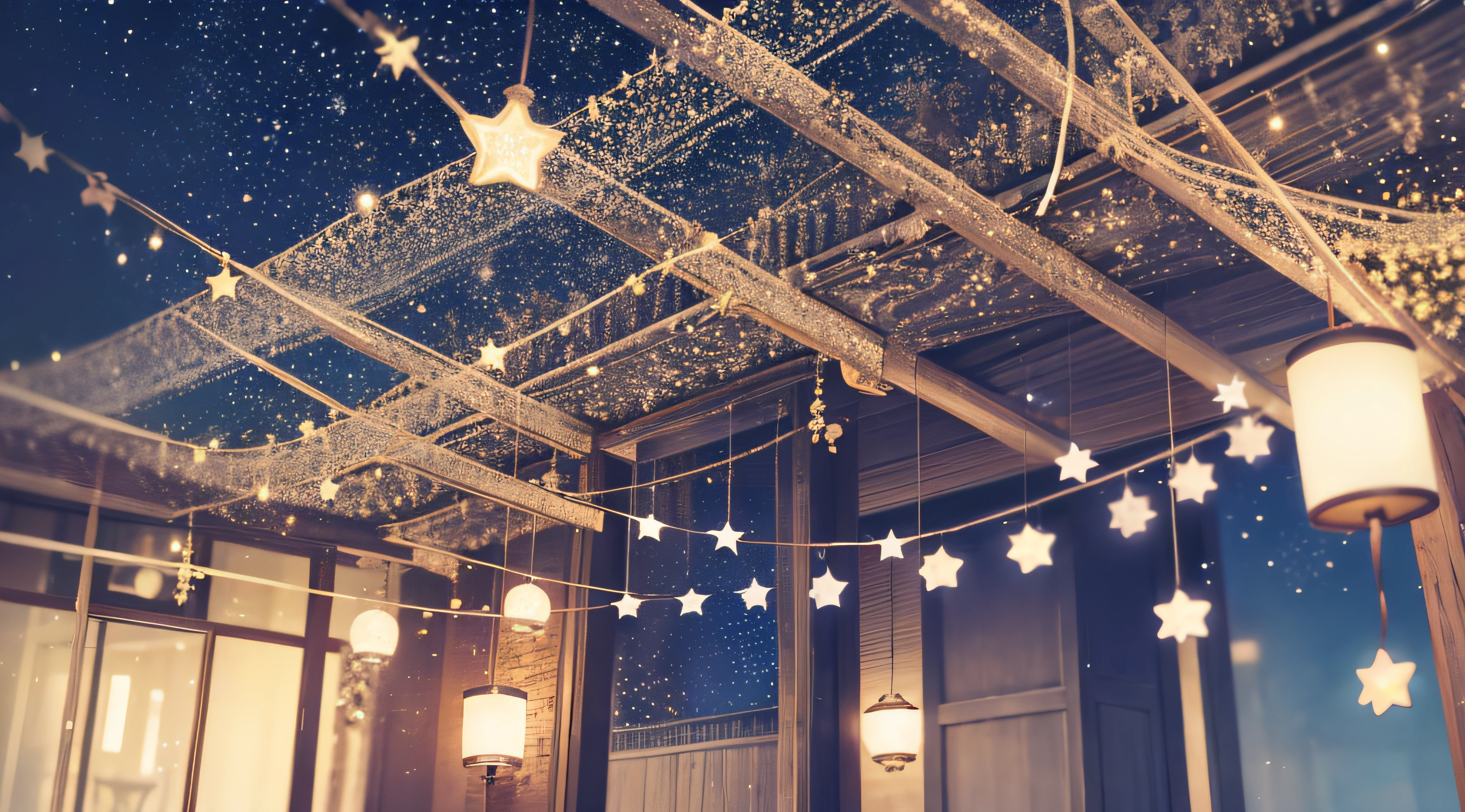 Christmas Lights - Stars String Hanging At Fir Branches In Abstract Defocused Background
