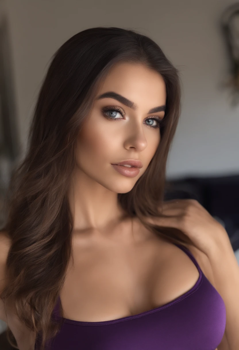 Arafed woman with matching tank top and panties, fille sexy aux yeux bruns, Portrait Sophie Mudd, cheveux bruns et grands yeux, selfie of a young woman, Yeux de chambre, Violet Myers, sans maquillage, maquillage naturel, looking straight at camera, Visage avec Artgram, Maquillage subtile, the women stands directly in front of the camera, not looking aside, dans la chambre, Medium to large bust, sexy ; ;nu