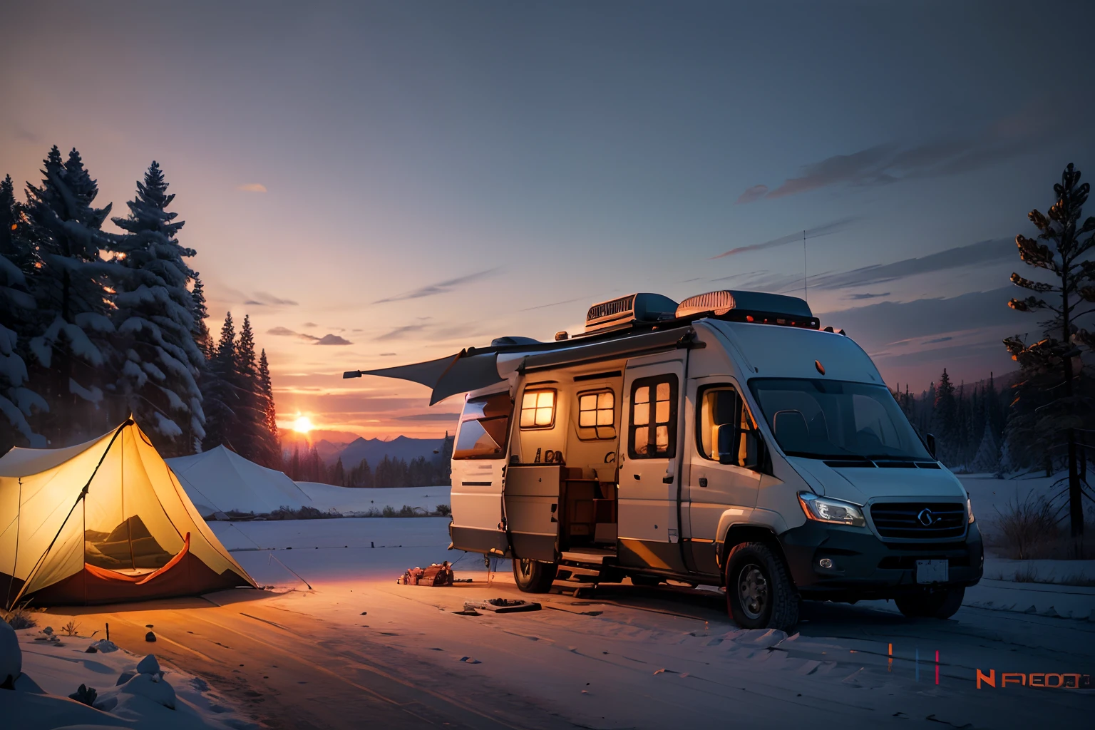 RV，An RV，Campervan,(1 girl:1.4), Solo,Tarp tent,bonfires,Volumetric lighting BREAK（tmasterpiece：1.2），（best qualtiy），ultra - detailed，（dynamic compositions：1.4），detail-rich，plethora of colors，（Irridescent color：1.2），（with light glowing，Atmospheric lighting），Extremely detailed beauty, ridiculous, unbelievable Ridiculous,A high resolution, illustratio,NFFSW, unified,8K picture wallpaper,hentail realism，photoreali，（realisticlying，photograph realistic：1.37），（natta），