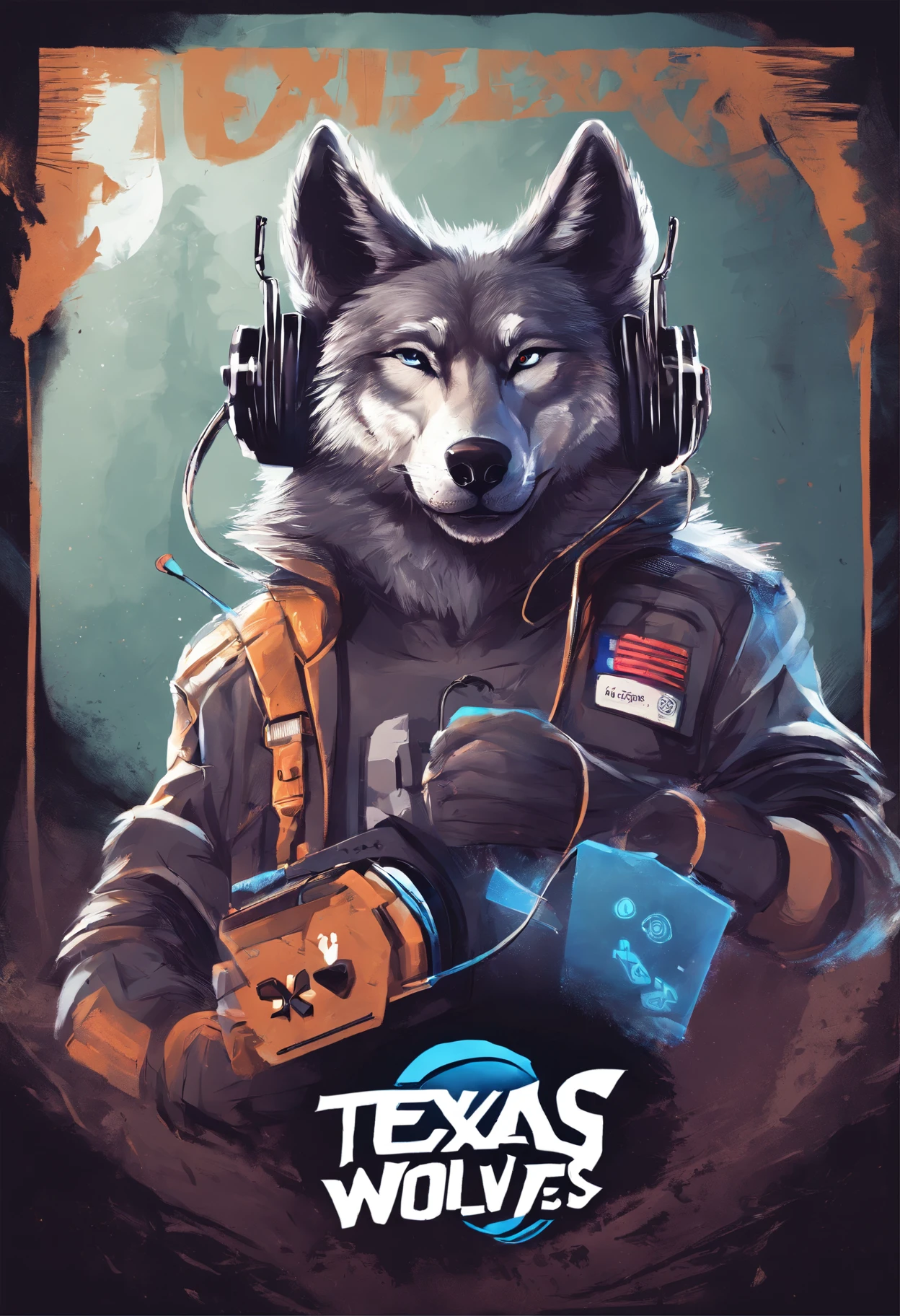 Gaming logo of a wolf holding a PS5 controller and wearing headphones with text Texas wolves