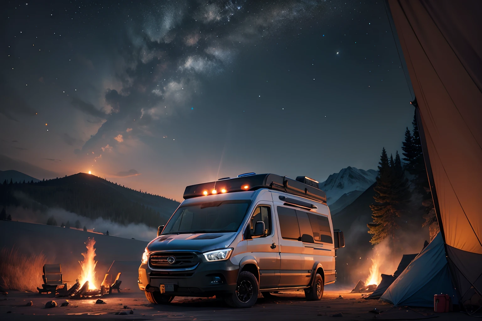 RV，An RV，Campervan,(1 girl:1.4), Solo,Tarp tent,bonfires,Volumetric lighting BREAK（tmasterpiece：1.2），（best qualtiy），ultra - detailed，（dynamic compositions：1.4），detail-rich，plethora of colors，（Irridescent color：1.2），（with light glowing，Atmospheric lighting），Extremely detailed beauty, ridiculous, unbelievable Ridiculous,A high resolution, illustratio,NFFSW, unified,8K picture wallpaper,hentail realism，photoreali，（realisticlying，photograph realistic：1.37），（natta），