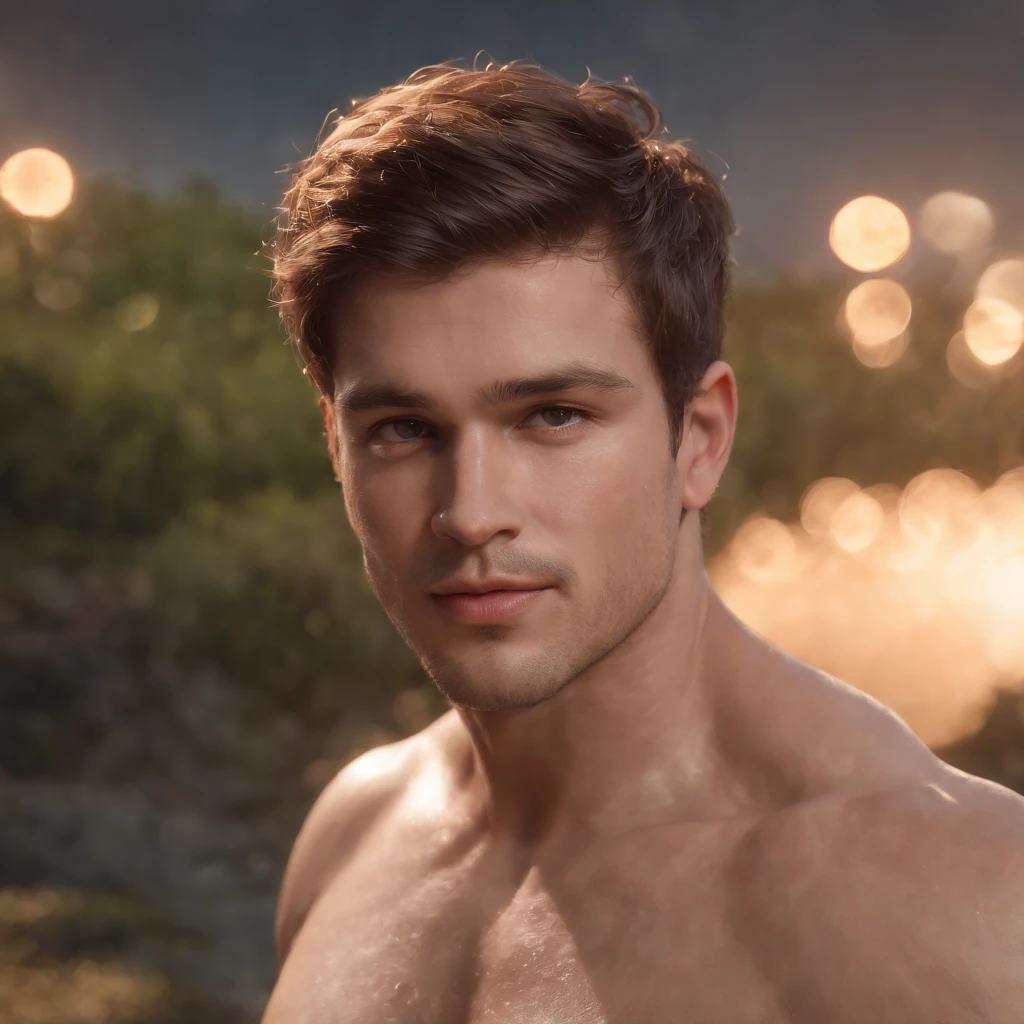 Obra maestra. Handsome 25-year-old Brent. Ojos azules. Pelo rubio. Cuerpo en forma. Topless. Standing in the dark and surrounded by many fireflies that light up his face. Fotorrealista, hiperdetallado, (Alta calidad:1.5) , 8k