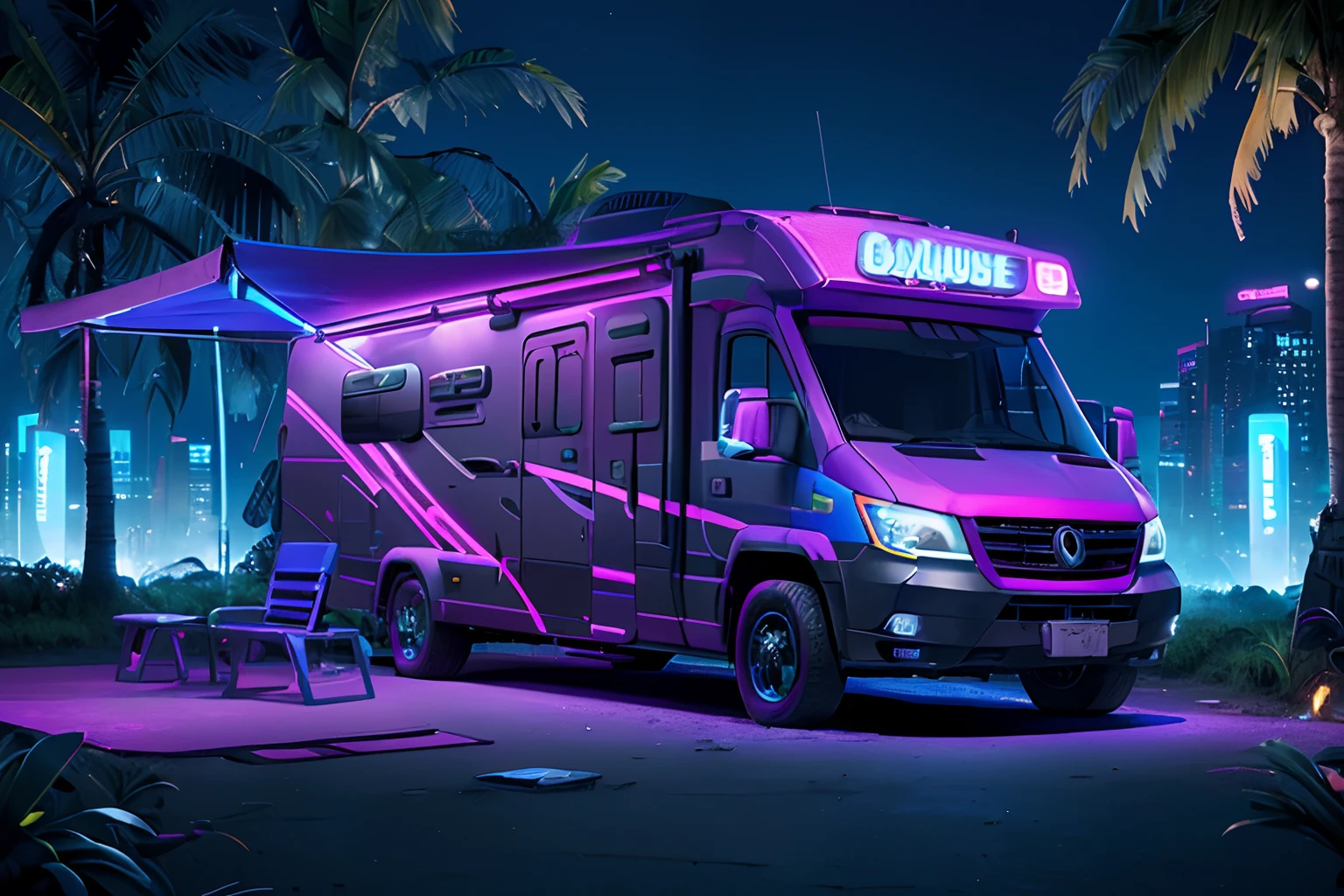 Cyberpunk style motorhome image, Blue and purple neon signage,Abstract graffiti on motorhome, In the jungle,Campervan,(1 girl:1.4), Solo,Tarp tent,bonfires,(8K, awardwinning, Best quality, A high resolution, High details, Anatomically correct, Textured skin, 1 girl:1.3),(RV:1.3)Fly with high tech