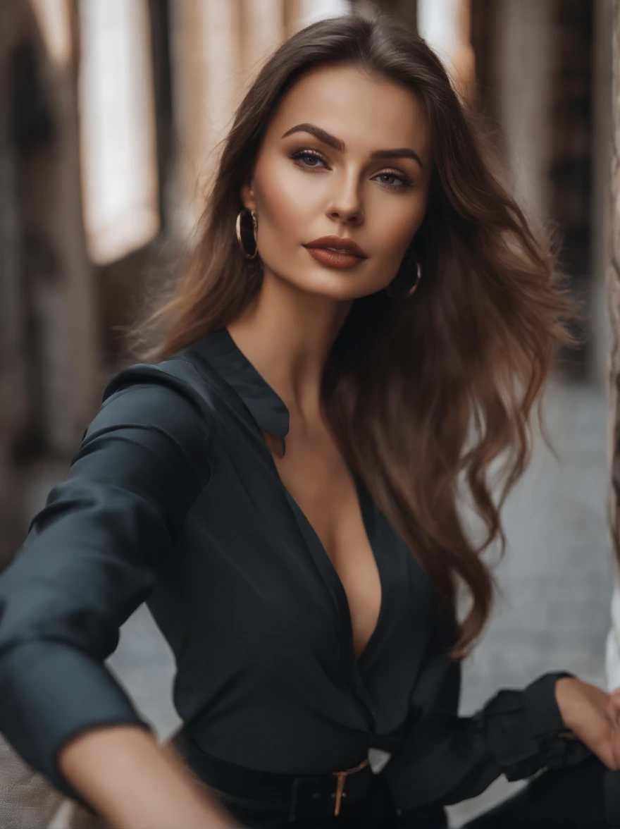 araffe woman in black top and grey pants taking a selfie, instagram model, anna nikonova aka newmilky, 2 4 old female model, profile image, style of julia razumova, dasha taran, angelina stroganova, viktoria gavrilenko, tight outfit, anastasia ovchinnikova, ekaterina. right hand above head