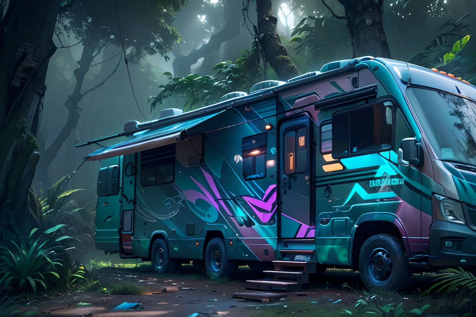 Cyberpunk style motorhome image, Blue and purple neon signage，Abstract graffiti on motorhome, In the jungle，(8K, awardwinning, Best quality, A high resolution, High details, Anatomically correct, Textured skin, 1 girl:1.3),(RV:1.3)Fly with high tech