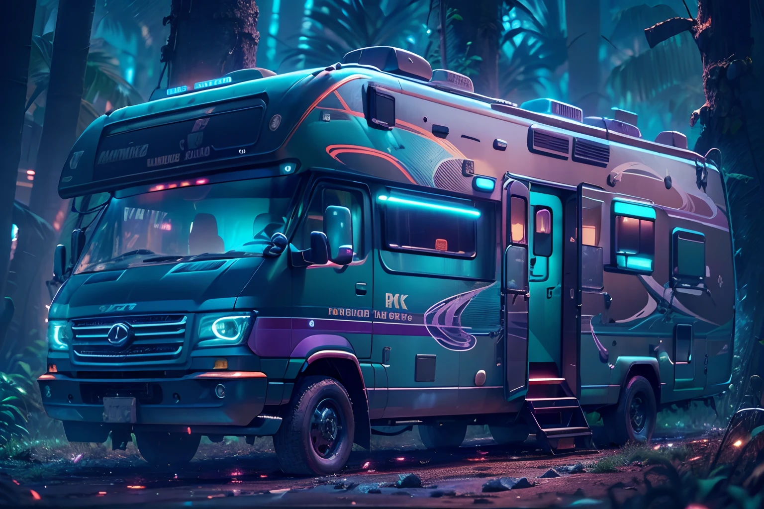 Cyberpunk style motorhome image, Blue and purple neon signage，Abstract graffiti on motorhome, In the jungle，(8K, awardwinning, Best quality, A high resolution, High details, Anatomically correct, Textured skin, 1 girl:1.3),(RV:1.3)Fly with high tech