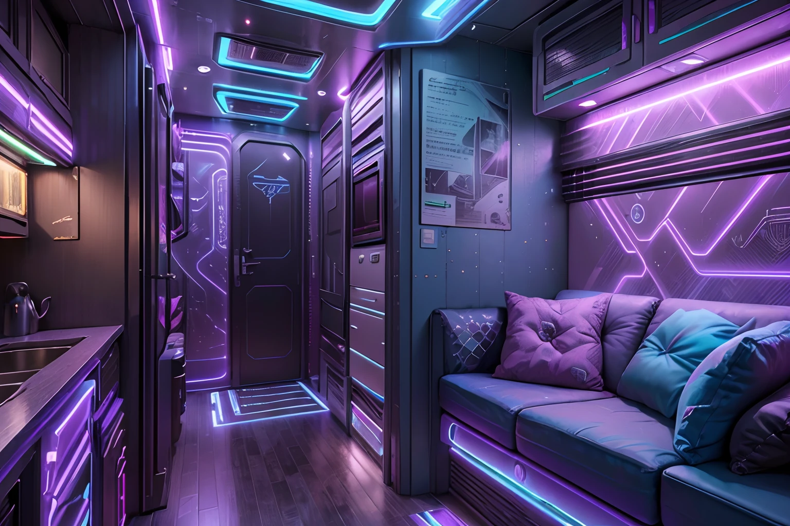 Cyberpunk style motorhome image, Blue and purple neon signage，Abstract graffiti on motorhome, In the jungle，(8K, awardwinning, Best quality, A high resolution, High details, Anatomically correct, Textured skin, 1 girl:1.3),(RV:1.3)Fly with high tech