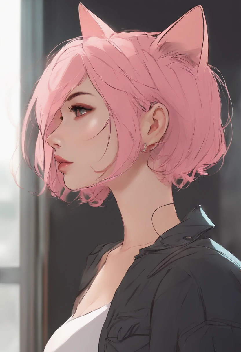 One Person, reference sheet, (character design, electric wires, Back, Lateral face, left, right, up, down), girls, Nude, Pink short hair, Cat's ears, Cat's tail