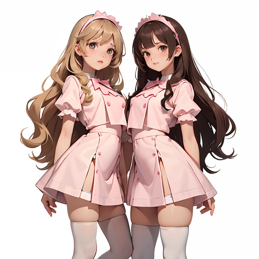 2girls, duo, twins, pink dress, white thighhighs, black high heels, matching outfits, mature woman, brown hair, blonde hair, curly hair, hair down, hazel eyes, white background