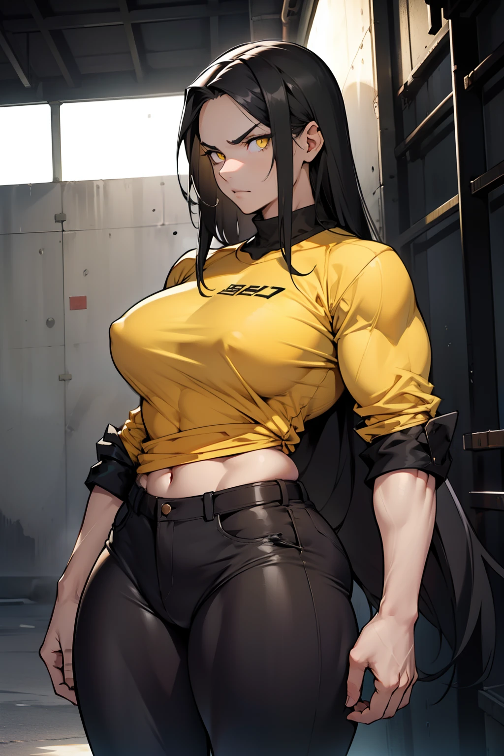 (((1girl muscular))) black hair very long hair yellow eyes pale skin angry tight shirt (thick thighs wide hips perky breasts)